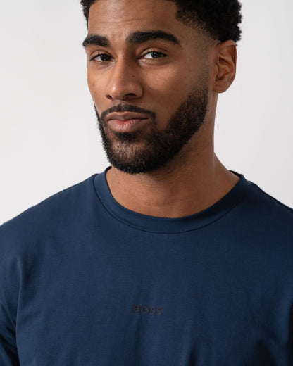 Model wearing BOSS Orange Tchark Long Sleeve Stretch Cotton T-Shirt in Open Blue 464 -  detail