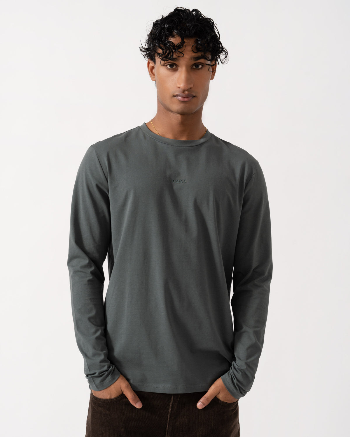Front of the BOSS Orange Tchark Mens Long Sleeve Stretch Cotton T-Shirt - Open Green 377