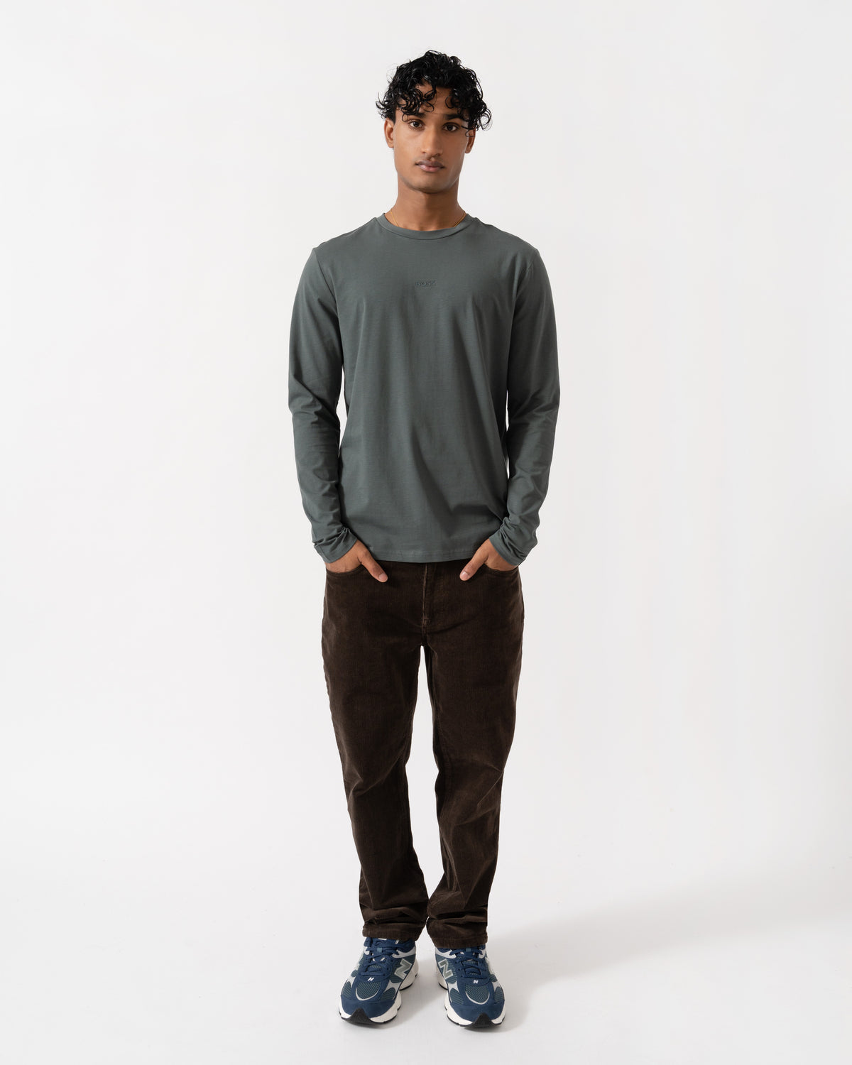 Front of the BOSS Orange Tchark Mens Long Sleeve Stretch Cotton T-Shirt - Open Green 377
