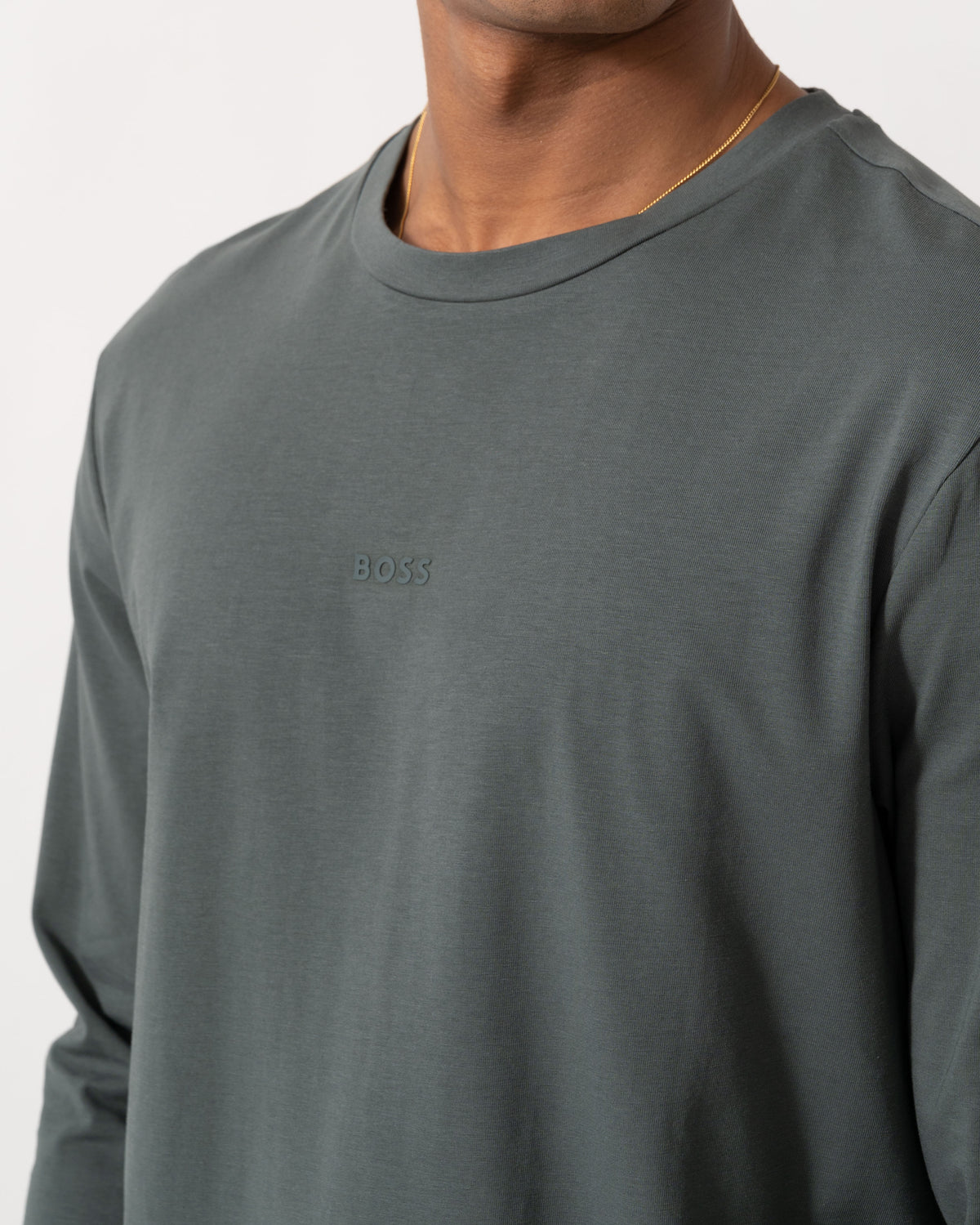 Close up on the BOSS Orange Tchark Mens Long Sleeve Stretch Cotton T-Shirt - Open Green 377