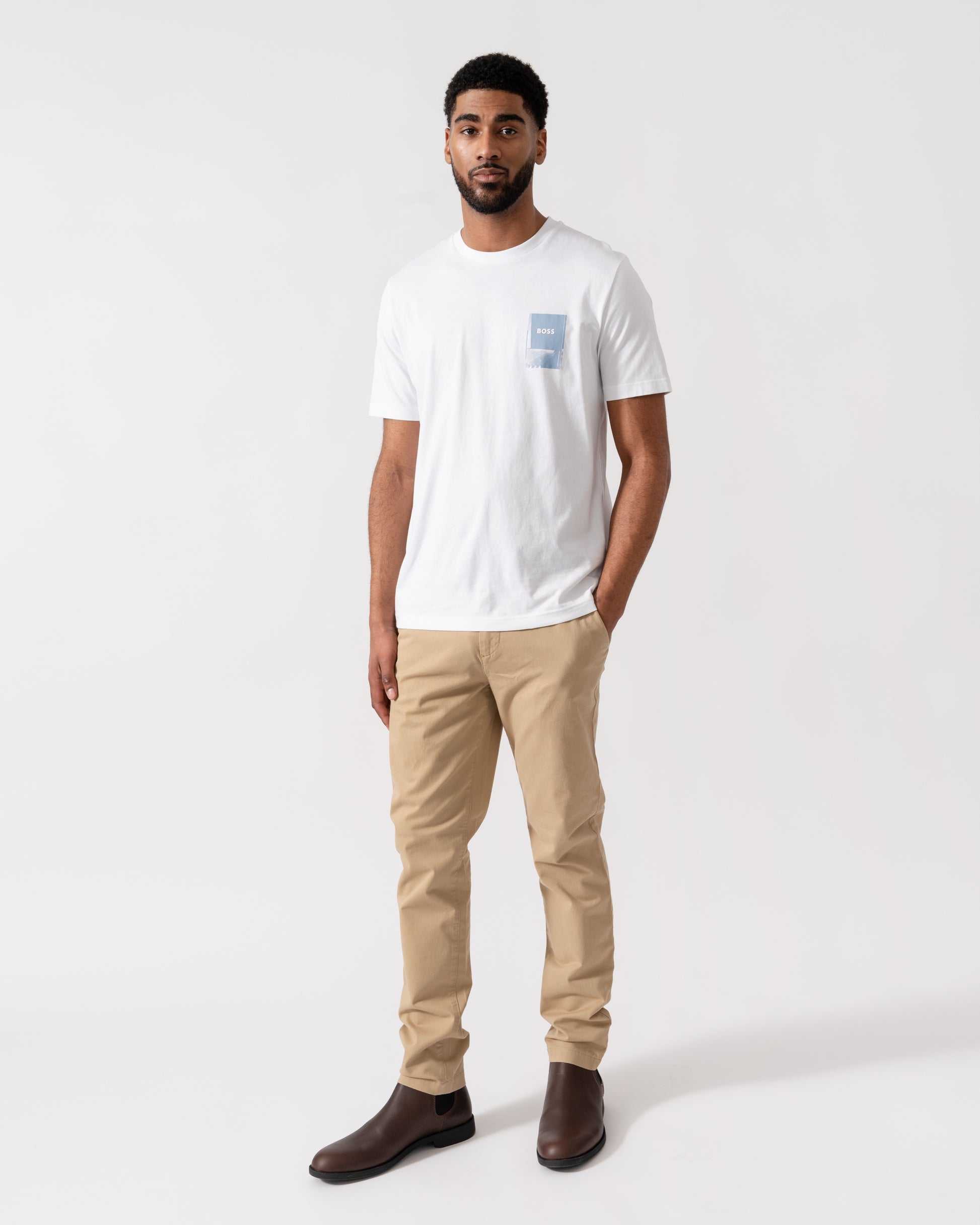 Model wearing BOSS Orange Mens TePlain T-Shirt in White 100 - full length