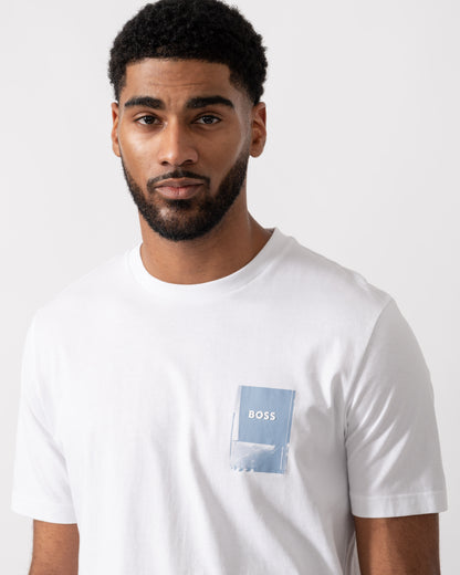 Model wearing BOSS Orange Mens TePlain T-Shirt in White 100 - detail