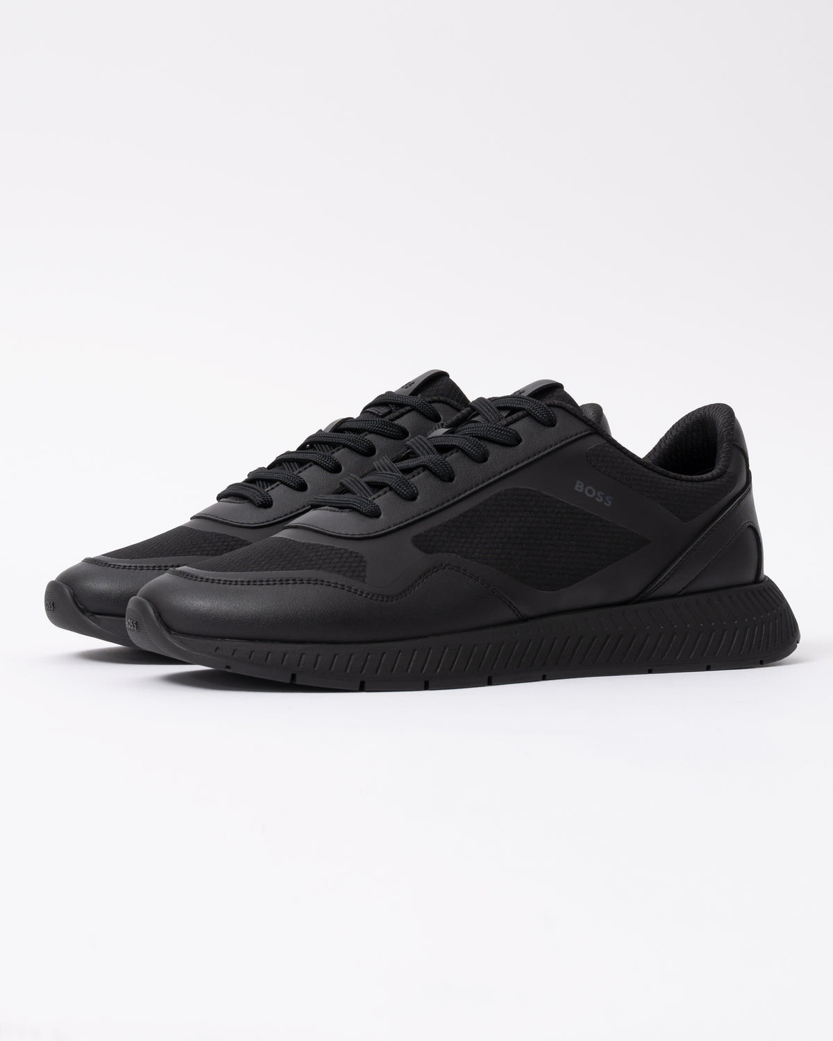 Front of the BOSS Orange Titanium Mens Mixed Material Trainers with Ridged Outsole - Black 005