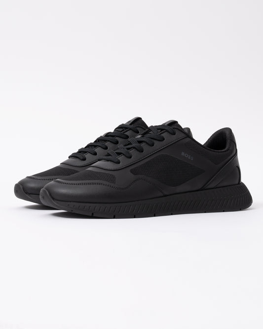 Front of the BOSS Orange Titanium Mens Mixed Material Trainers with Ridged Outsole - Black 005