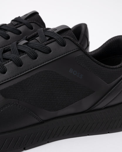 Close up of the BOSS Orange Titanium Mens Mixed Material Trainers with Ridged Outsole - Black 005