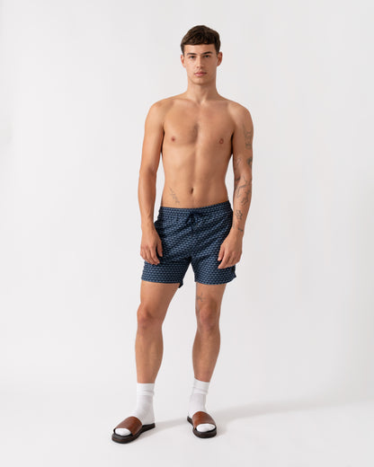 BOSS Orange Vibe Mens Logo-Label Swim Shorts with Seasonal Pattern - Navy 414