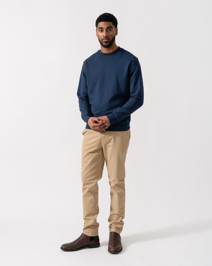 Model wearing BOSS Orange WeSmall Crew Sweatshirt in Open Blue 464 - full length