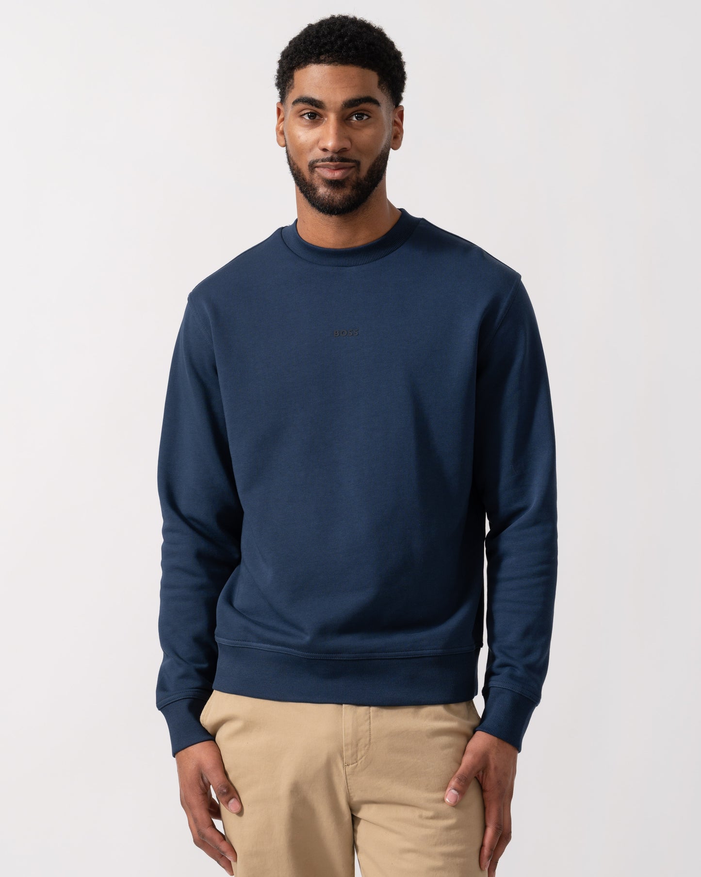Model wearing BOSS Orange WeSmall Crew Sweatshirt in Open Blue 464 - main