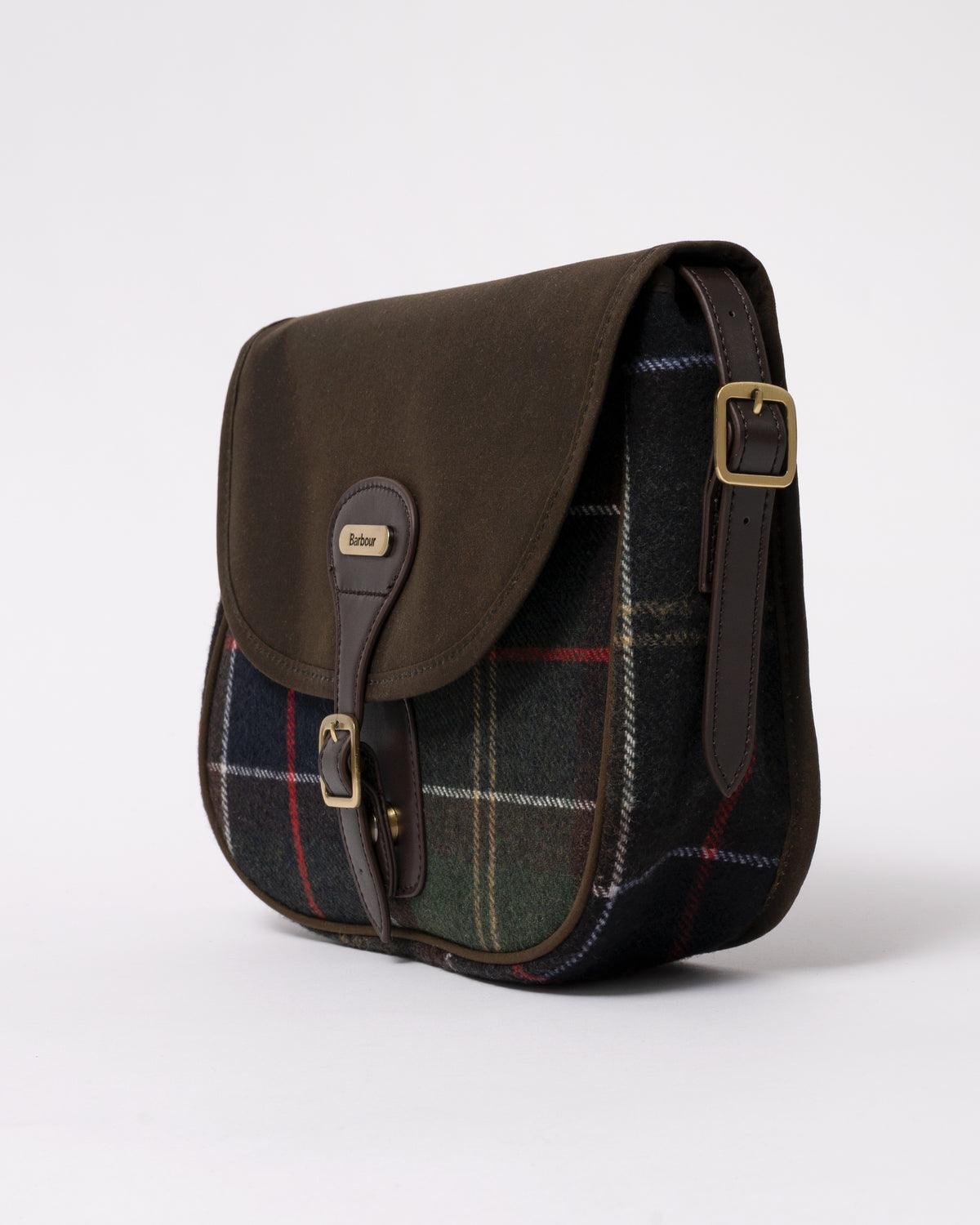 studio photograph showing the side of a Barbour Cromarty Womens Crossbody Bag in Classic Tartan