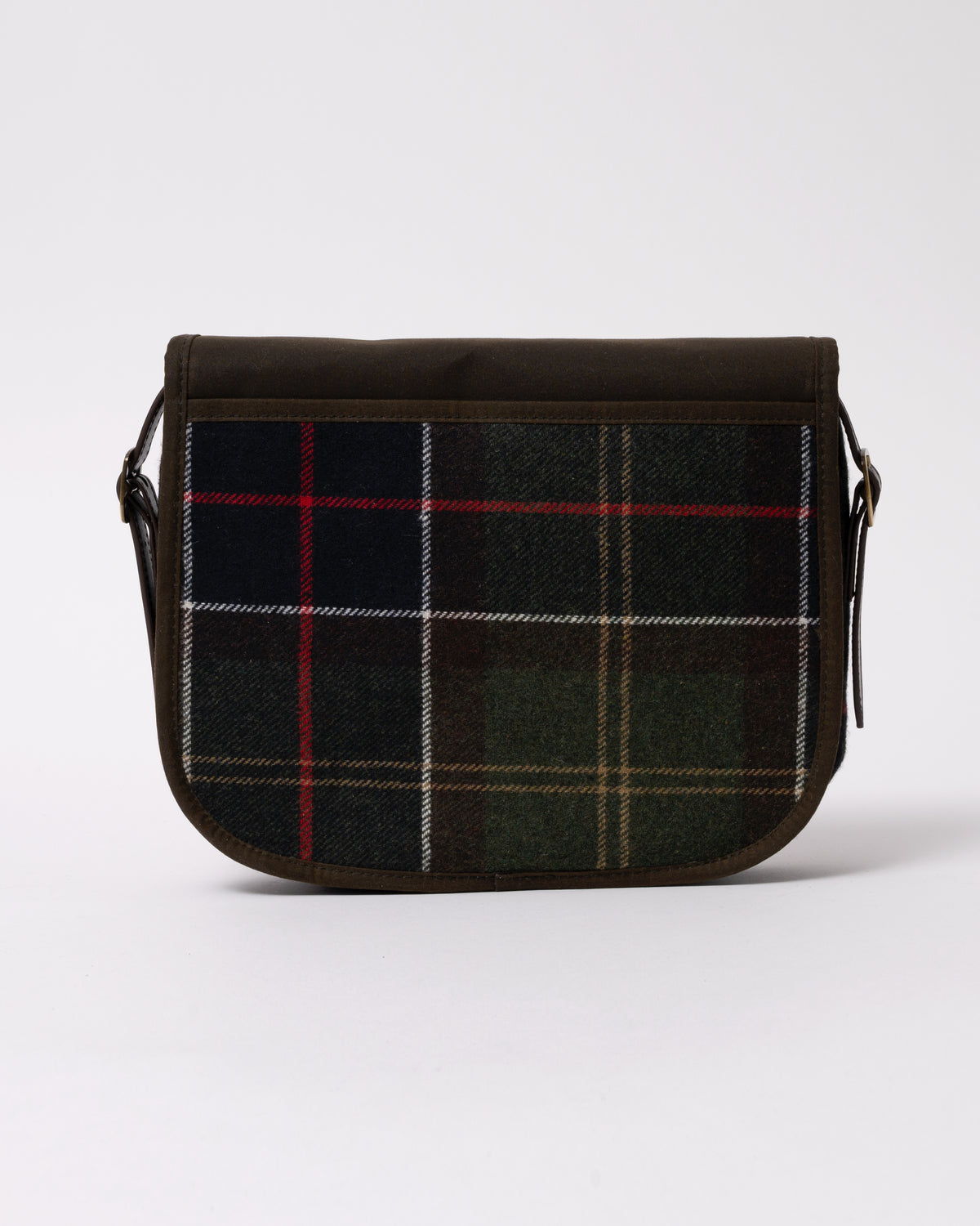 studio photograph showing the back of a Barbour Cromarty Womens Crossbody Bag in Classic Tartan