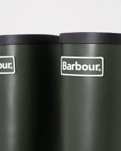 Black Barbour boots with brand logo on a white background
