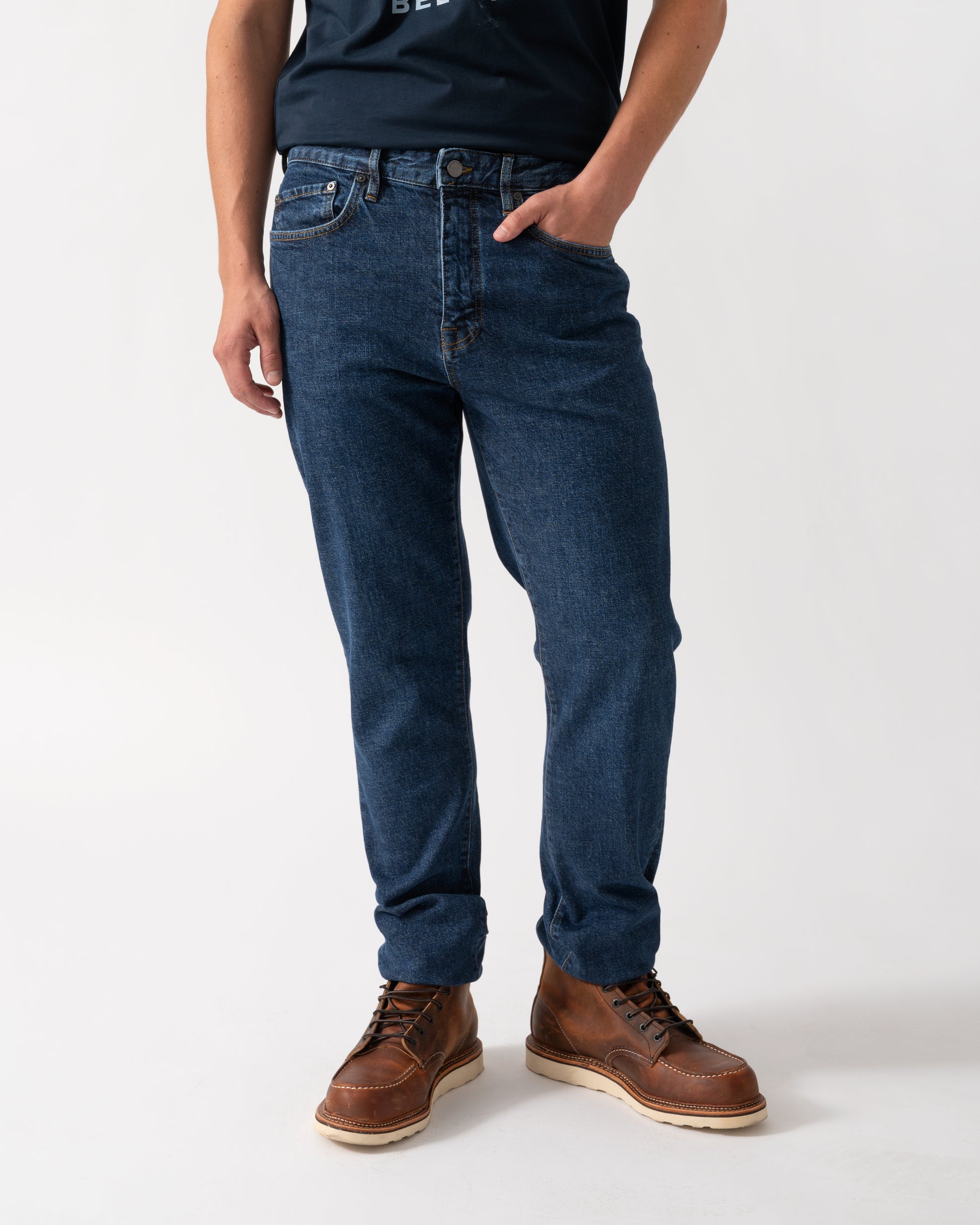 front of Belstaff B69 Mens Regular Fit Mid-Rise Jeans in Washed Indigo