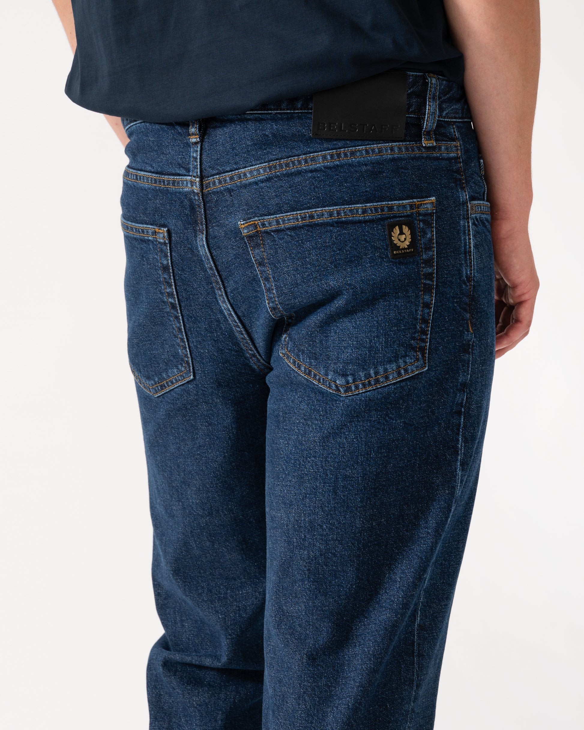 logo detail of of Belstaff B69 Mens Regular Fit Mid-Rise Jeans in Washed Indigo