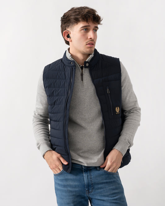 studio shot of a model wearing a Belstaff Chassis Mens Gilet in Dark Ink