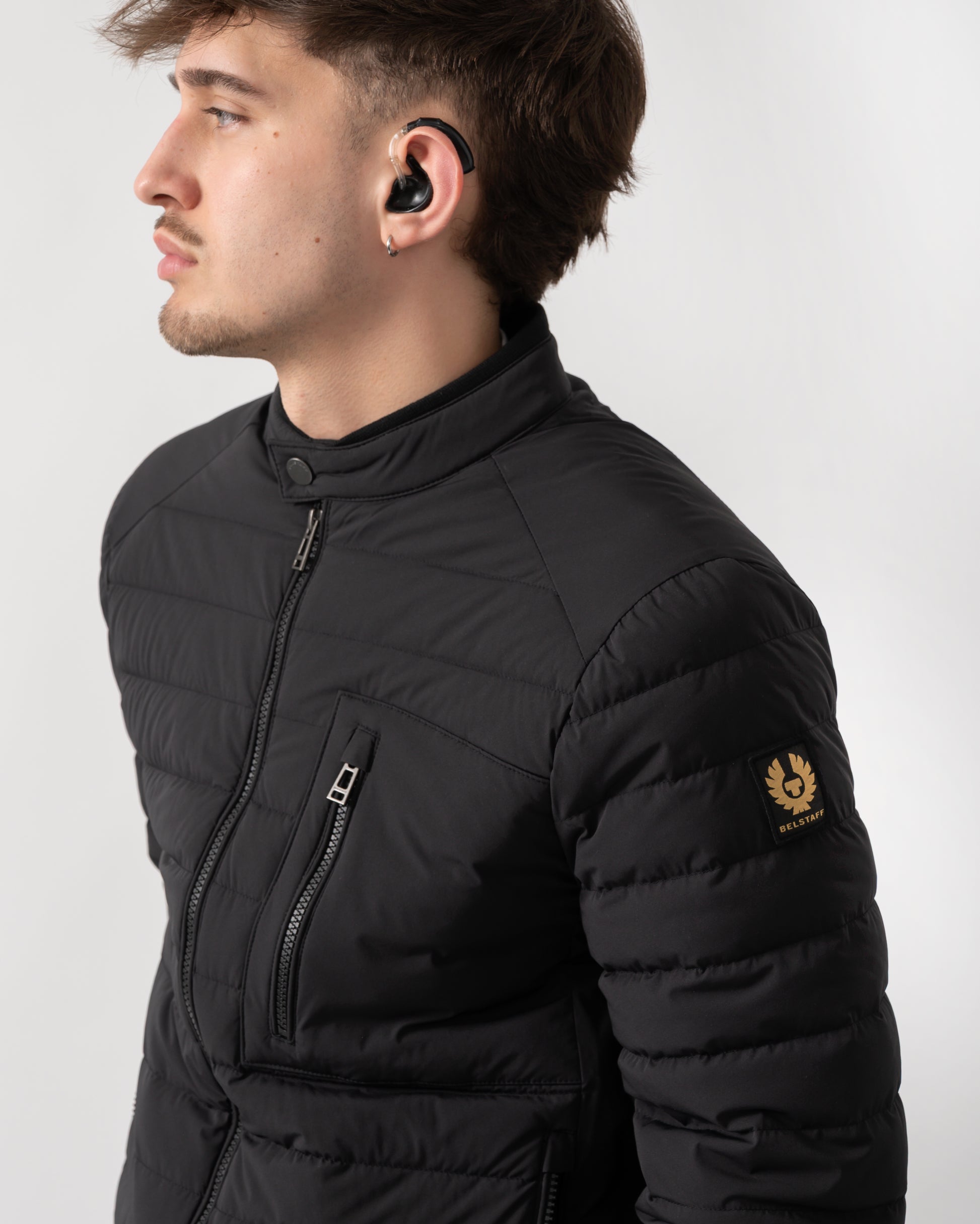 detail shot of a model wearing a Belstaff Chassis Mens Jacket in Black