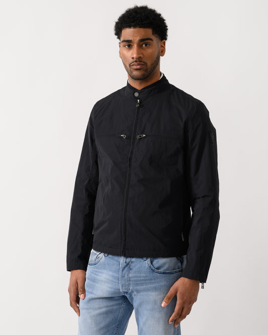 front shot of a model wearing a Belstaff Grid Mens Jacket in Black