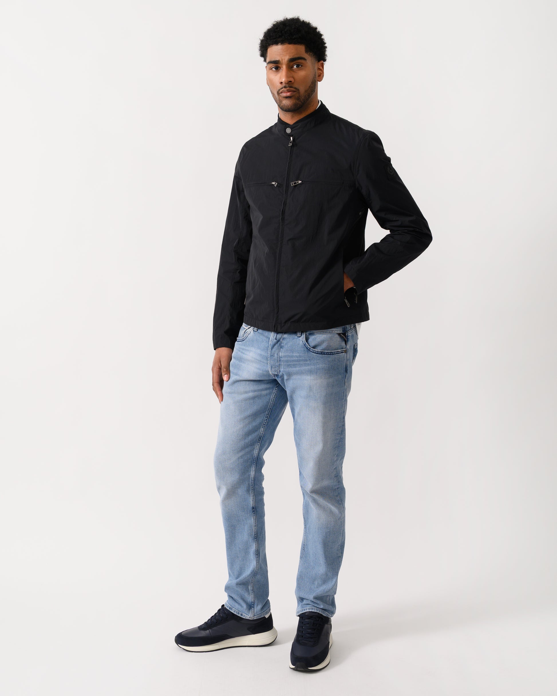 full length shot of a model wearing a Belstaff Grid Mens Jacket in Black