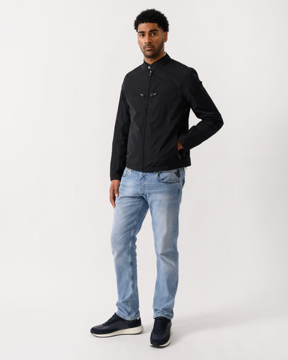 full length shot of a model wearing a Belstaff Grid Mens Jacket in Black