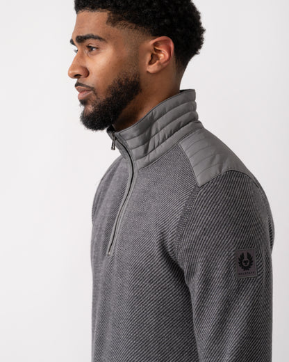 detail shot of model wearing a Belstaff Kilmington Mens Quarter Zip Funnel Neck Jumper in Charcoal-Mid Grey
