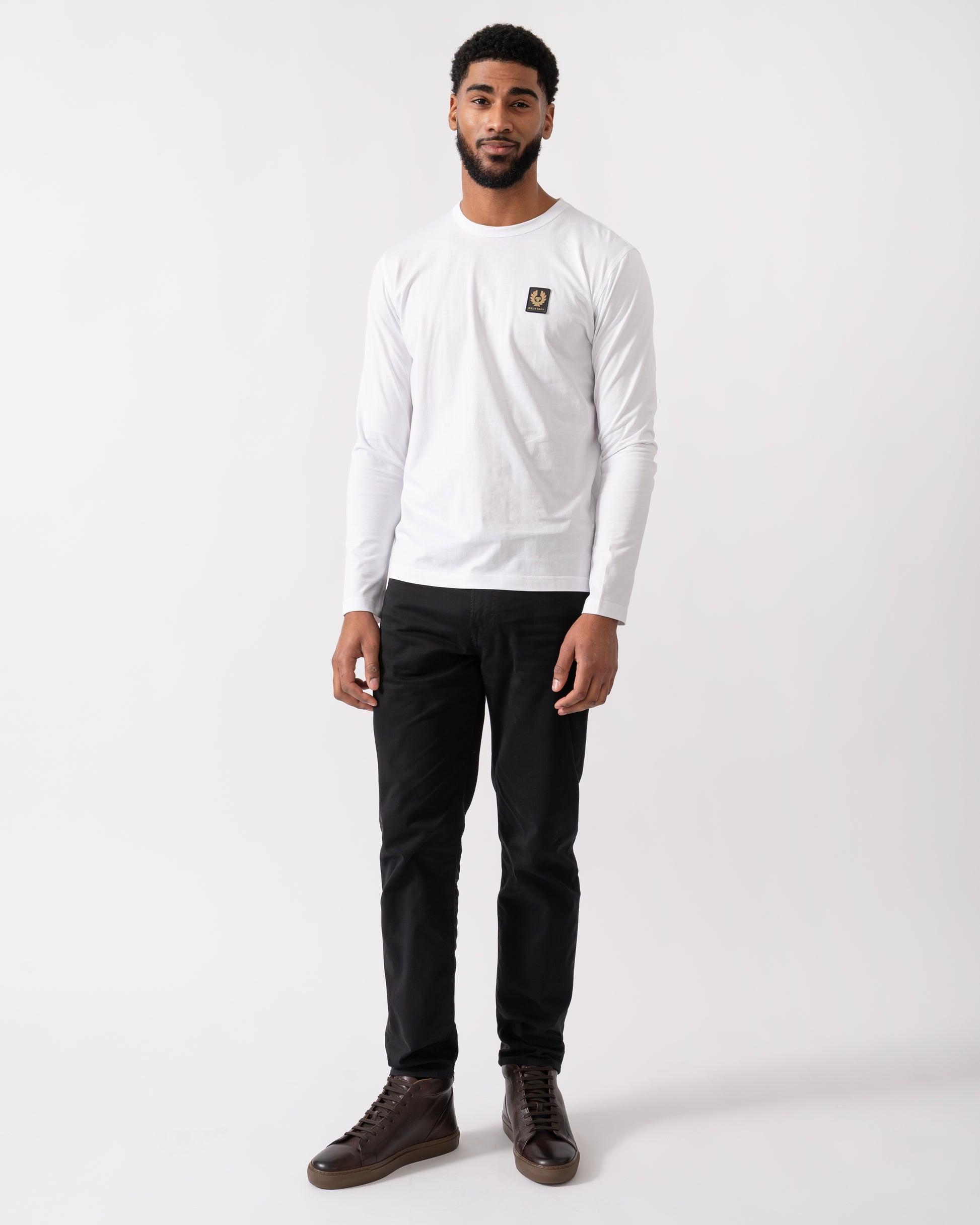 Belstaff Long Sleeved Logo Patch T-Shirt - White - CHO - Designer Mens Logo T-Shirts