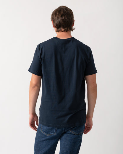 back of a model wearing a Belstaff Mens Blur T-Shirt Cotton in Dark Ink