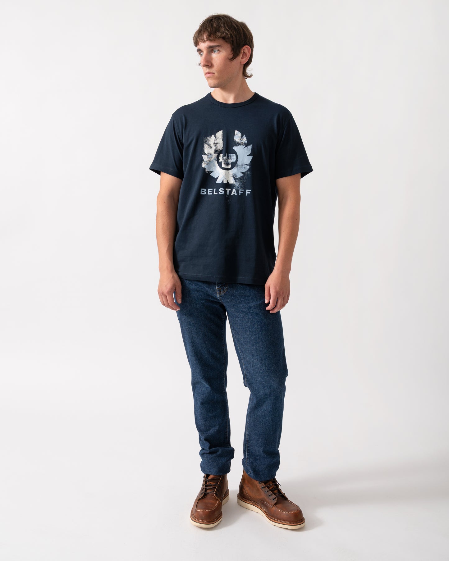 full length of model wearing a Belstaff Mens Blur T-Shirt Cotton in Dark Ink