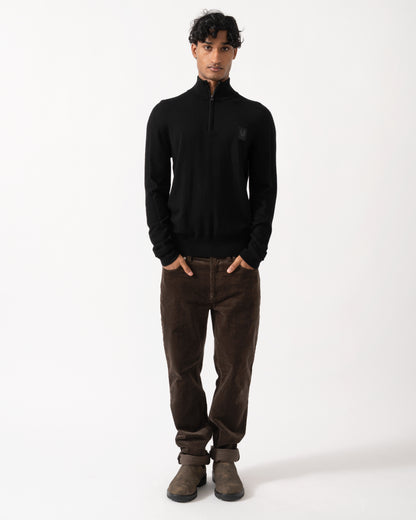 full length Studio photograph of a model wearing a Belstaff Mens Colden Merino Quarter Zip Jumper in Black