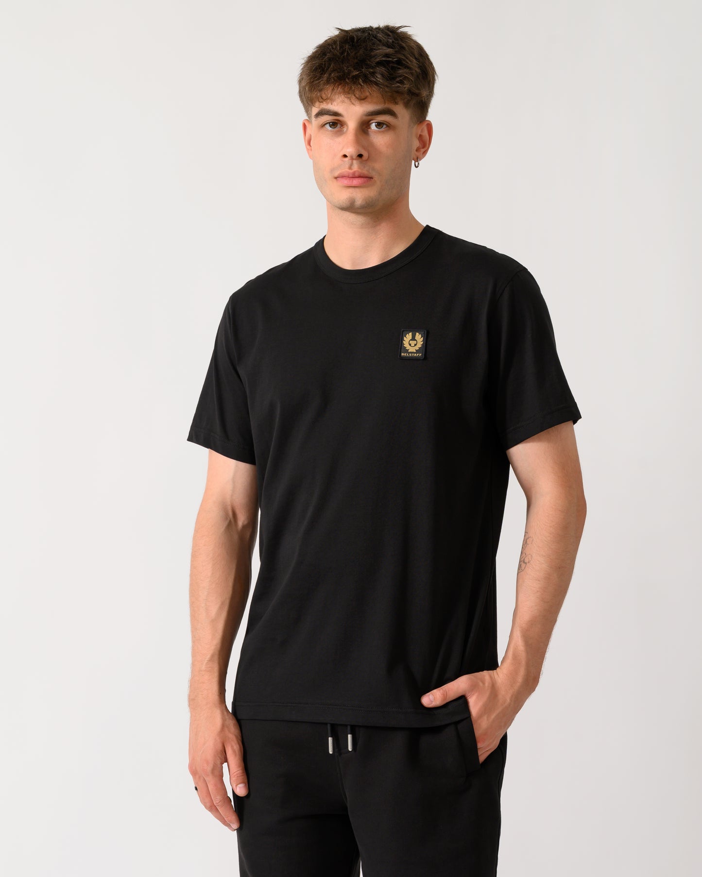 model wearing a Belstaff Mens Icon Logo T-Shirt in Black