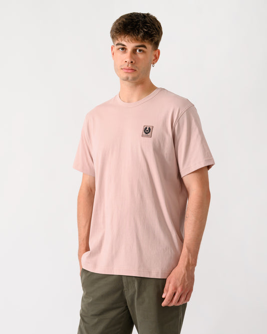 model wearing a Belstaff Mens Icon Logo T-Shirt in Dusk Pink