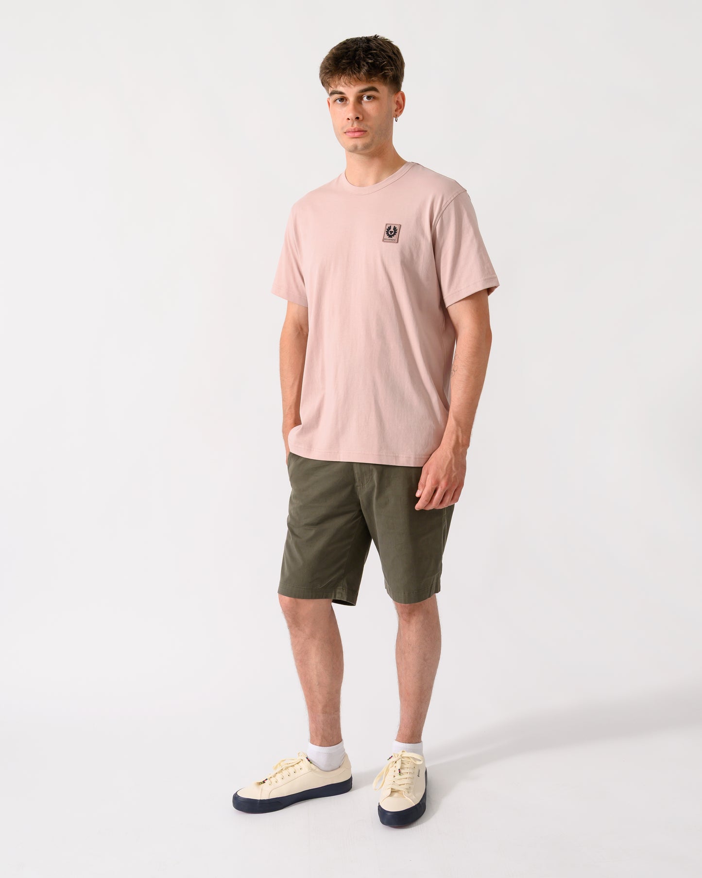 full length shot of model wearing a Belstaff Mens Icon Logo T-Shirt in Dusk Pink