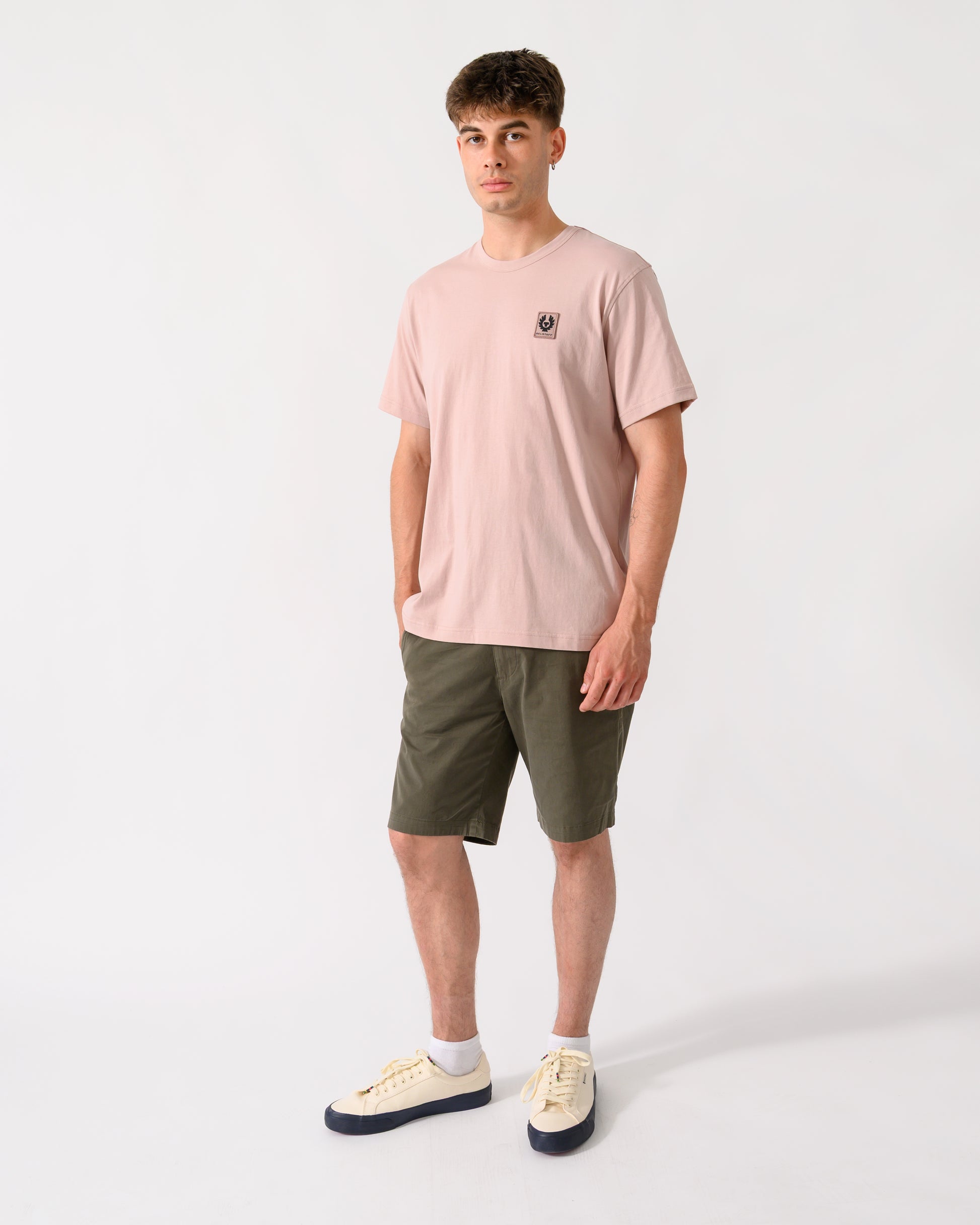 full length shot of model wearing a Belstaff Mens Icon Logo T-Shirt in Dusk Pink