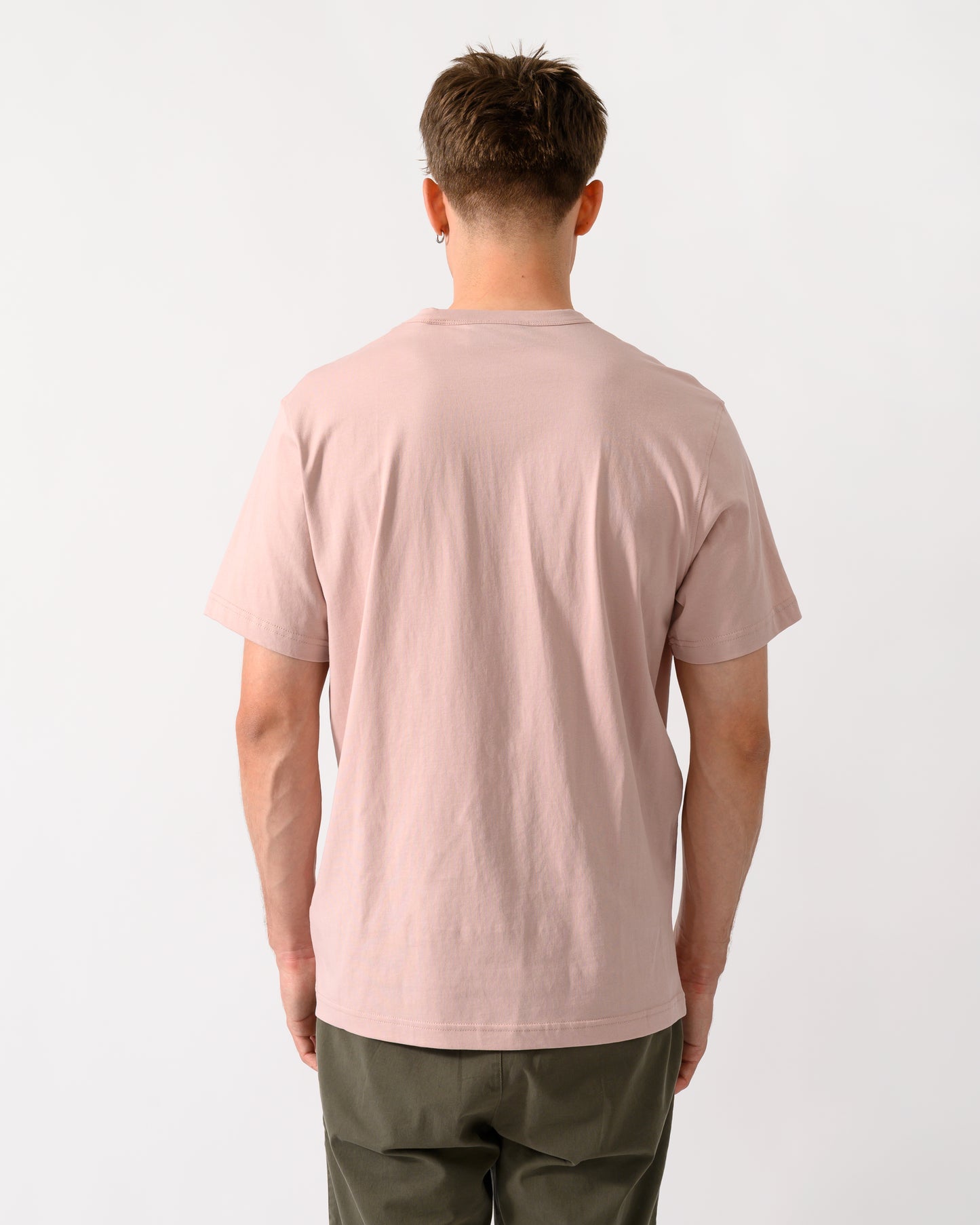 back shot of model wearing a Belstaff Mens Icon Logo T-Shirt in Dusk Pink