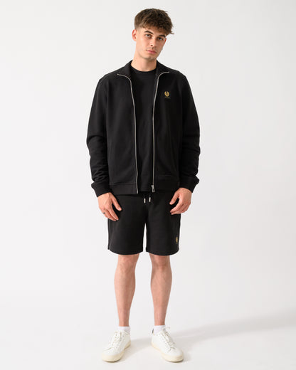 full length shot of a model wearing a Belstaff Mens Logo Full Zip Sweatshirt in Black