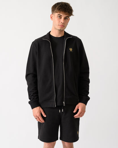 model wearing a Belstaff Mens Logo Full Zip Sweatshirt in Black