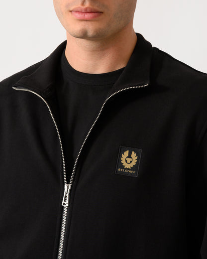 close up shot of a model wearing a Belstaff Mens Logo Full Zip Sweatshirt in Black