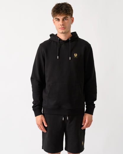 model wearing a Belstaff Mens Logo Hoodie in Black