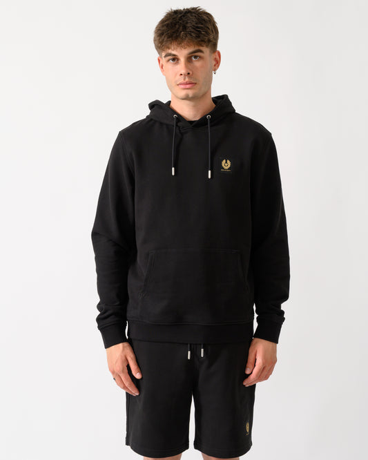 model wearing a Belstaff Mens Logo Hoodie in Black