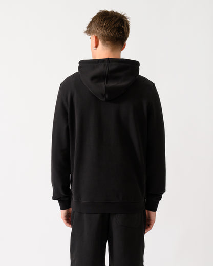 back shot of a model wearing a Belstaff Mens Logo Hoodie in Black