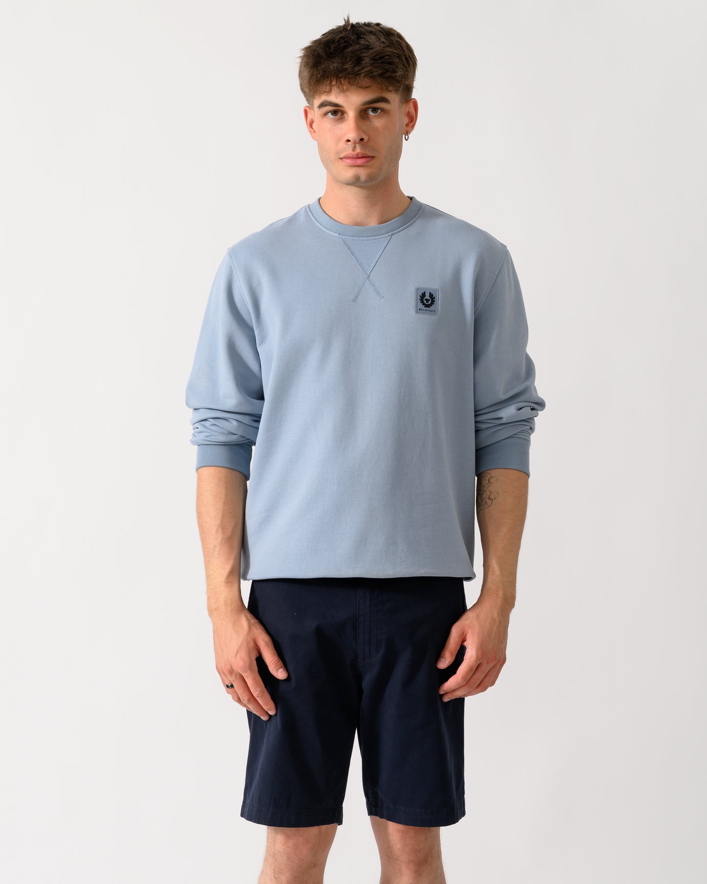 model wearing a Belstaff Mens Logo Sweatshirt in Mist Blue