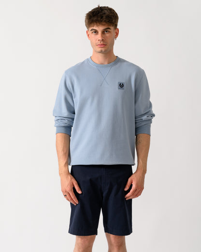 model wearing a Belstaff Mens Logo Sweatshirt in Mist Blue