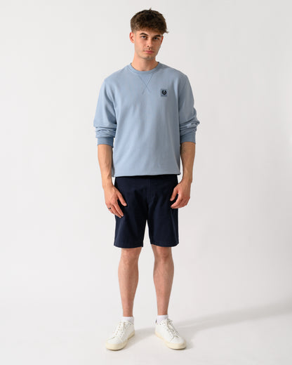 full length shot of a model wearing a Belstaff Mens Logo Sweatshirt in Mist Blue