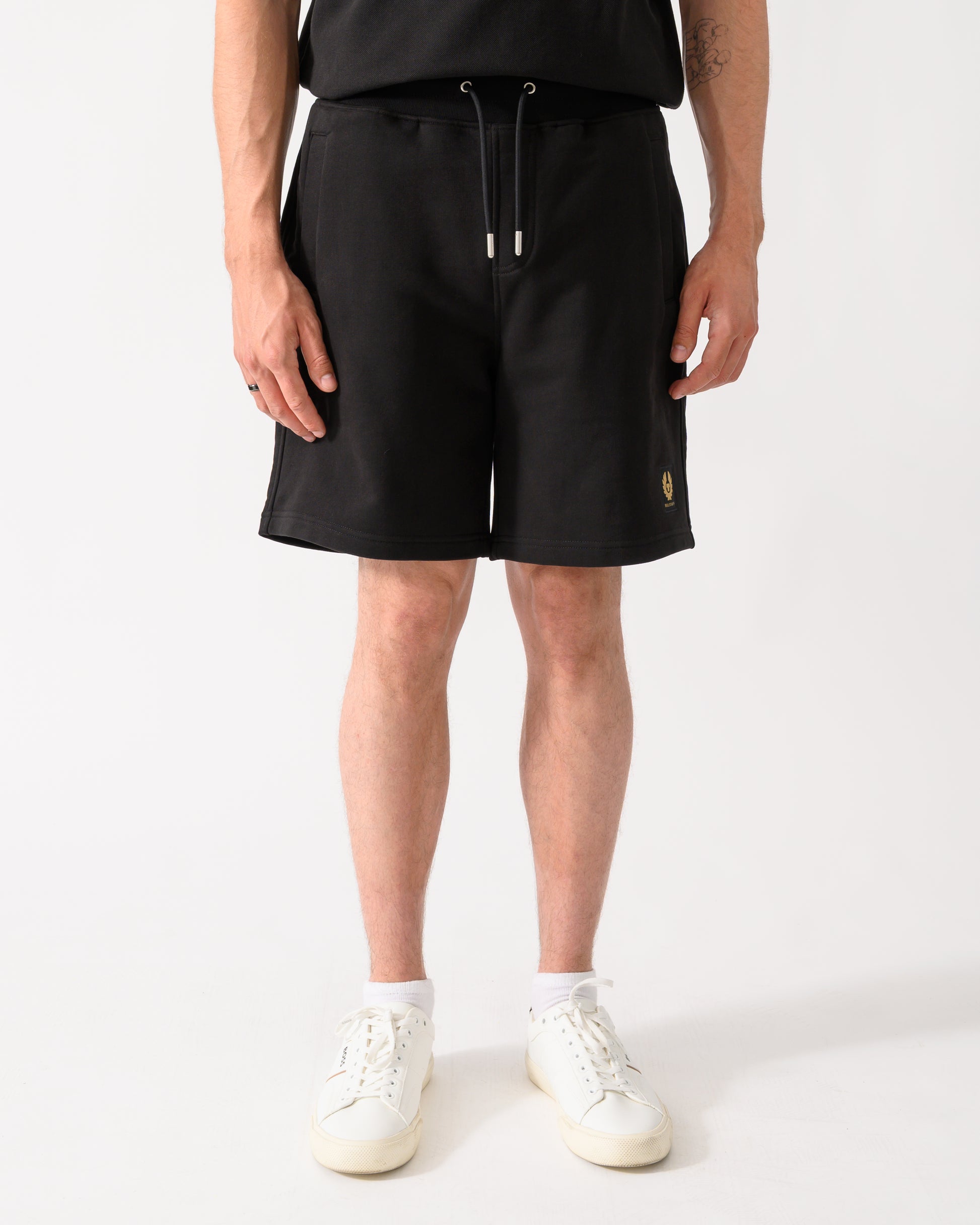 front shot of a model wearing a Belstaff Mens Logo Sweatshorts  Black