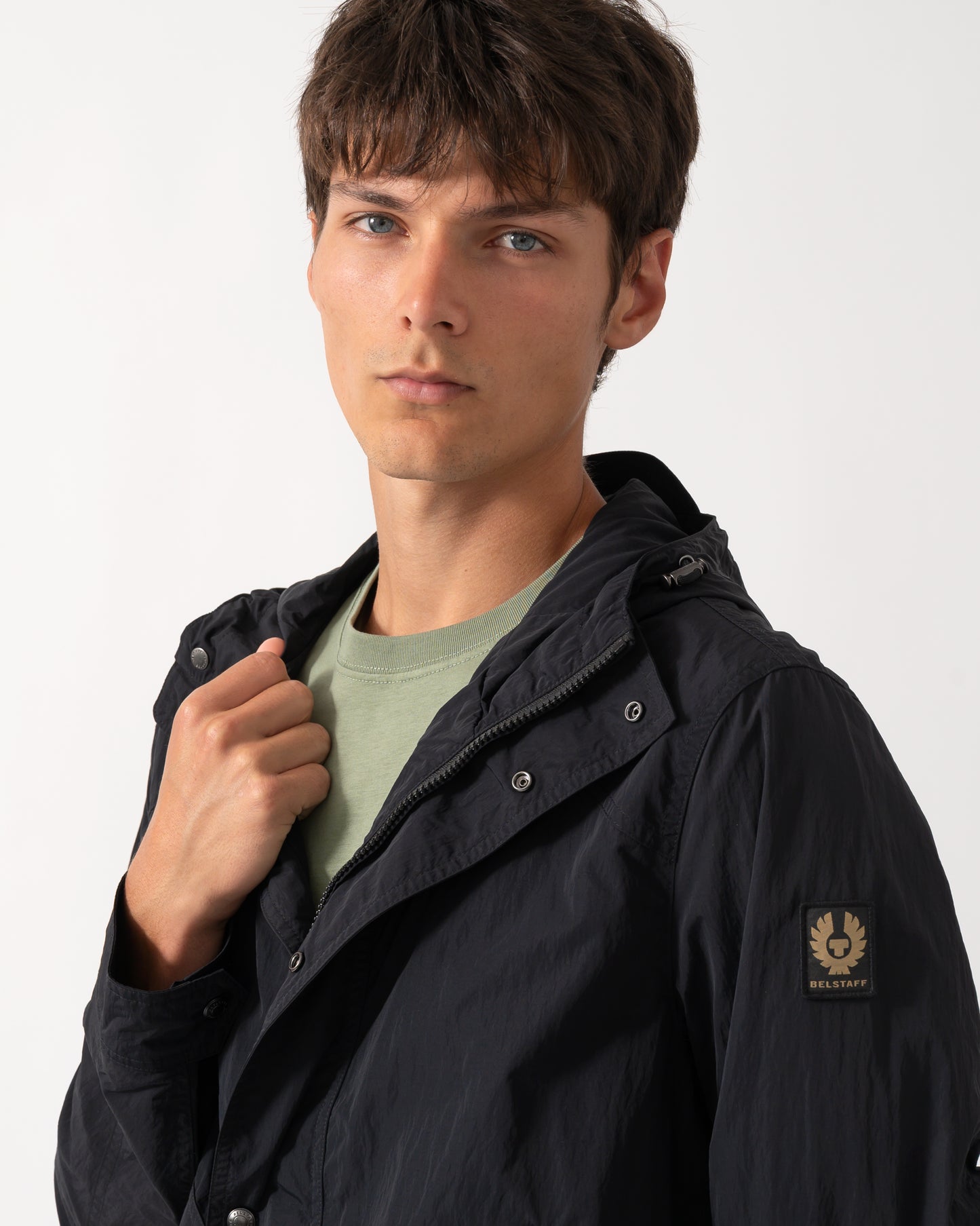 close up of a model wearing a Belstaff Mens Marsh Jacket in Black
