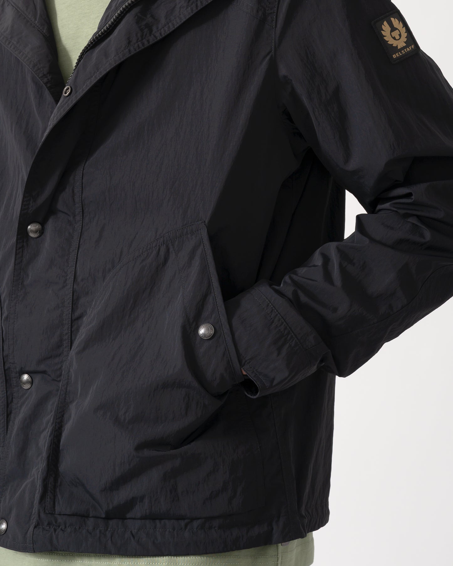 detail of a model wearing a Belstaff Mens Marsh Jacket in Black