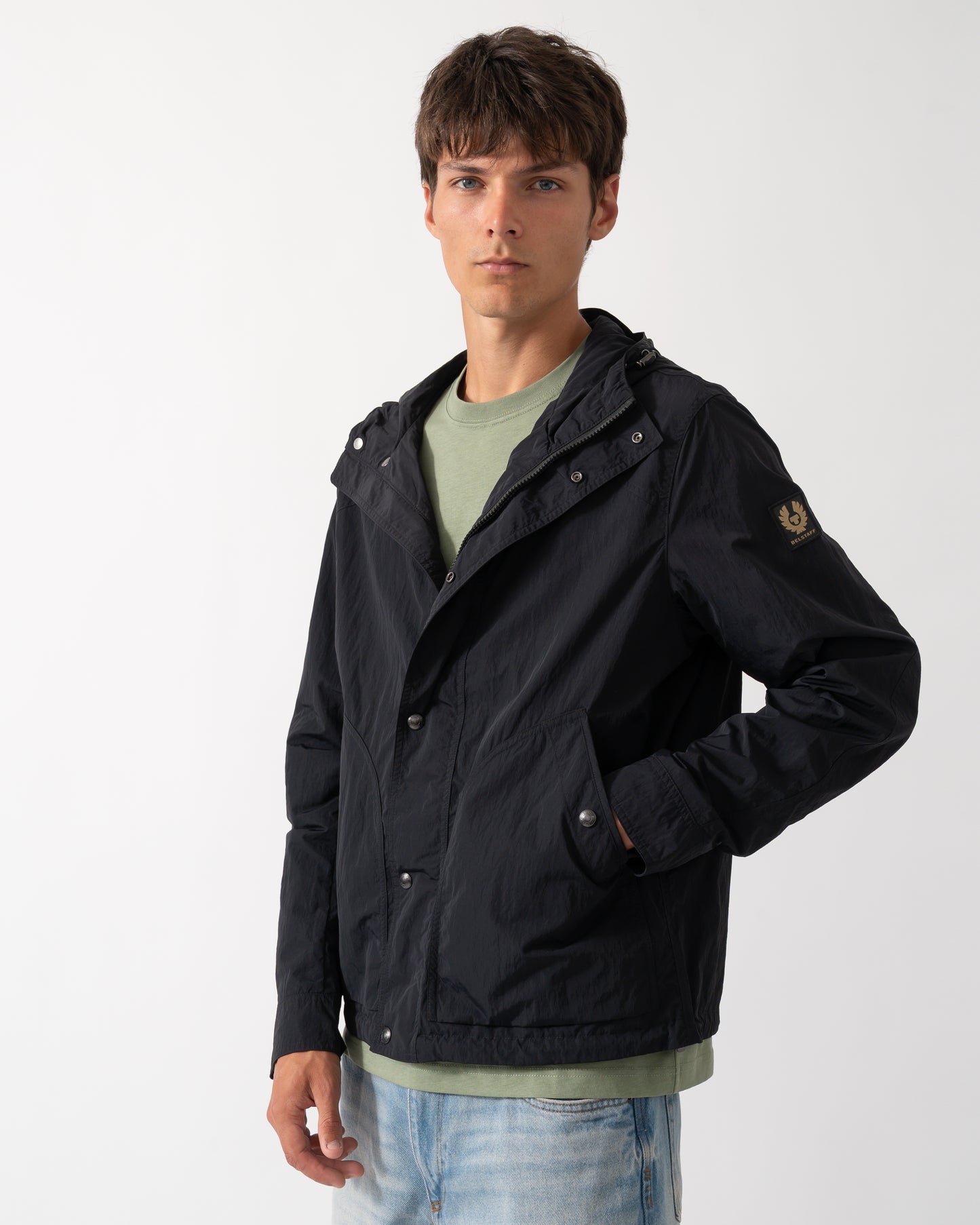 model wearing a Belstaff Mens Marsh Jacket in Black