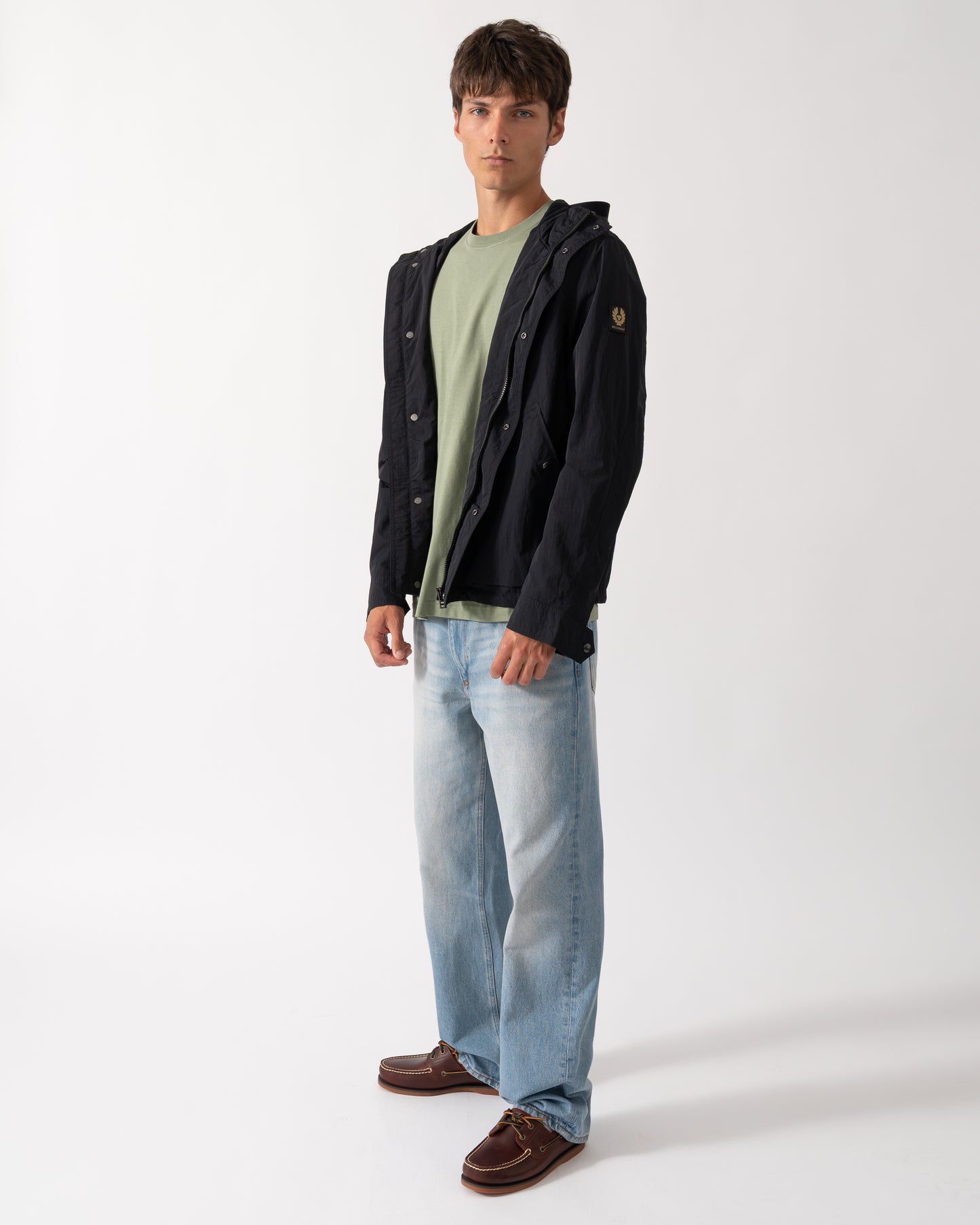 full length of a model wearing a Belstaff Mens Marsh Jacket in Black