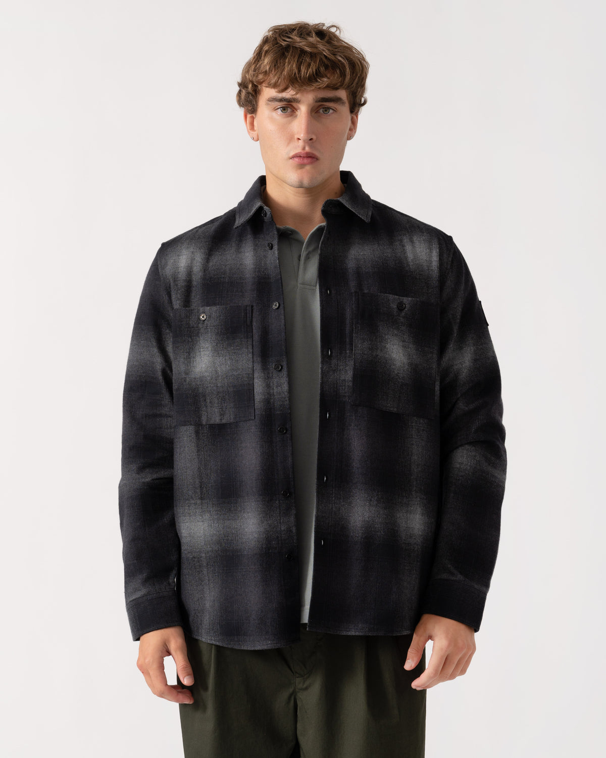 Man wearing Belstaff Mens Outpost Shirt Brushed Cotton Flannel - Black