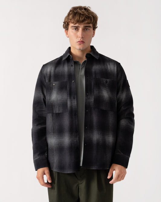 Man wearing Belstaff Mens Outpost Shirt Brushed Cotton Flannel - Black