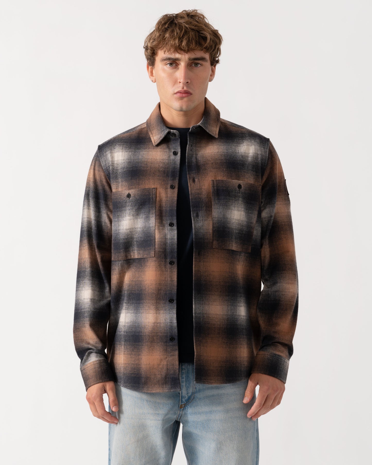 Model wearing Belstaff Mens Outpost Shirt Brushed Cotton Flannel - Maple Brown