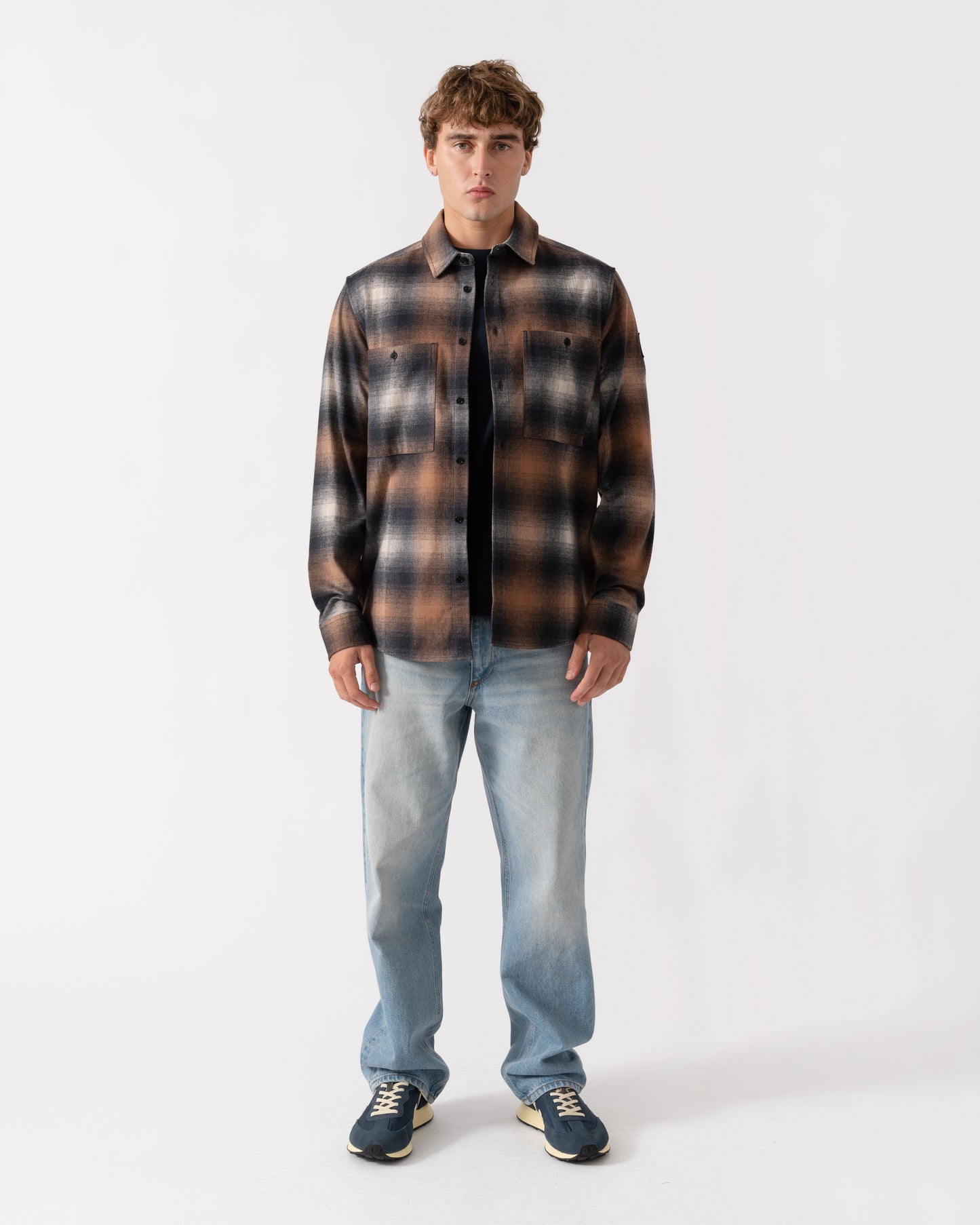 Outfit shot of Belstaff Mens Outpost Shirt Brushed Cotton Flannel - Maple Brown